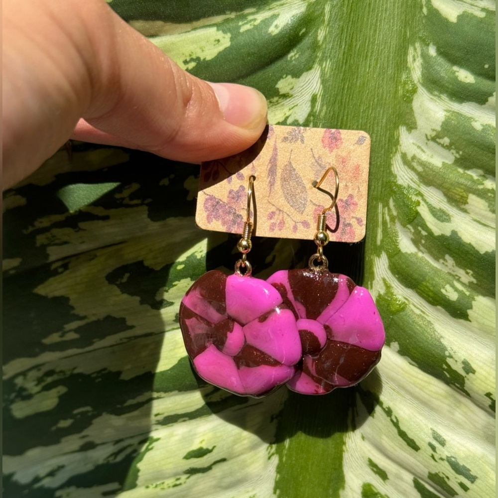 Polymer clay flower Pink and Brown Dangle Earrings